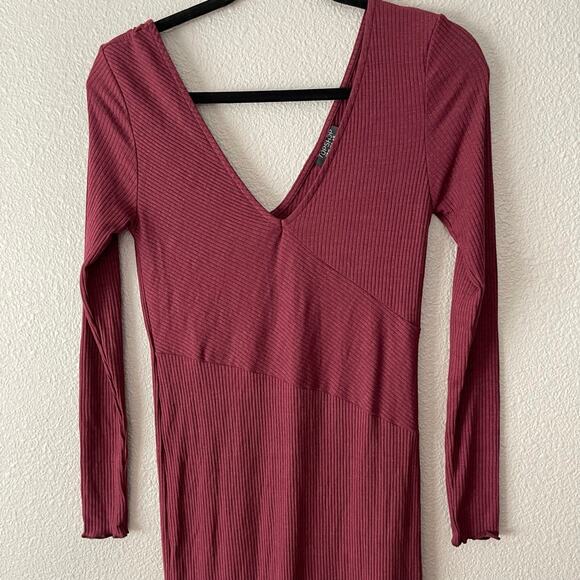 Topshop Ribbed Maroon Bodycon Lettuce Hem Long Sleeve Fall V neck Midi Dress 8 - Picture 5 of 10